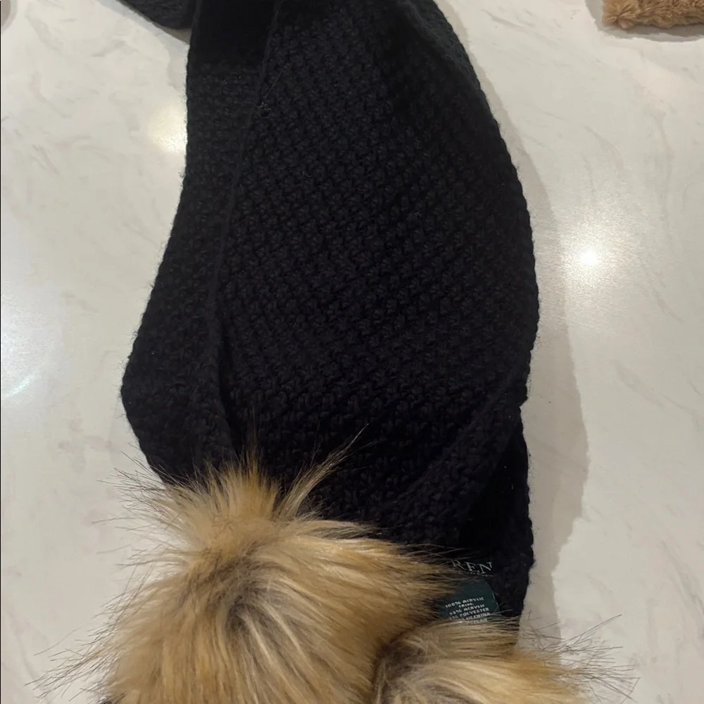 Lauren Ralph Lauren Black Knit Scarf with Faux Fur Pom Poms